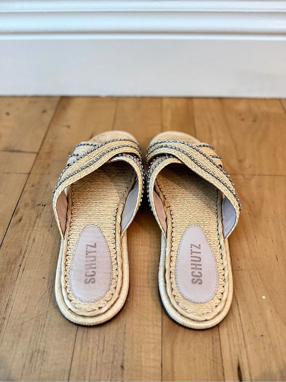 Schutz Raffia Rhinestone Slide Sandals Size 7 - Picture 3 of 5